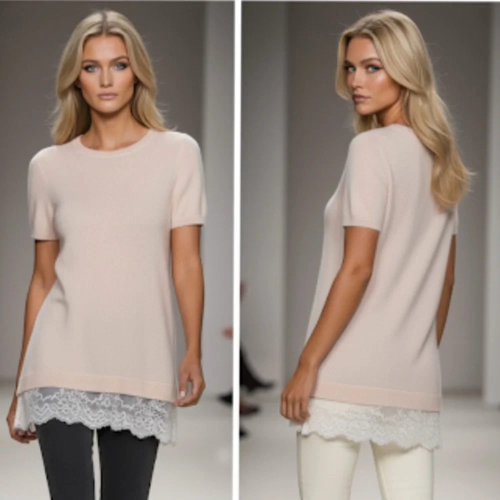 BLOOMINGDALE’S Nude Cashmere Short Sleeve Sweater With Lace Layer In Nude Size S